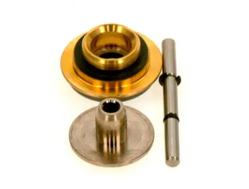 BOSCH Gasventil mit verschiedenen Komponenten, darunter eine goldene Dichtung und ein Metallzylinder, auf hellem Hintergrund.